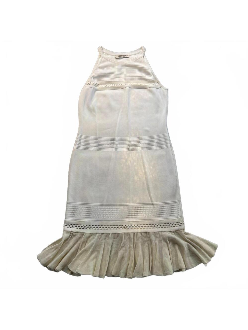 Roberto Cavalli Knit Dress Medium M White Halter Drop Waist Flounce Italy Flaw